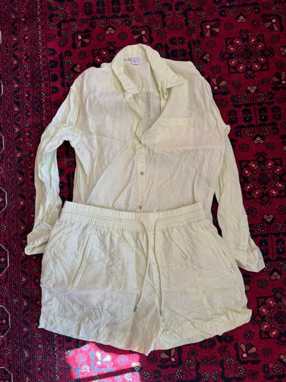 Athleta Light Lime Button-Up Shirt and Drawstring Shorts Set
